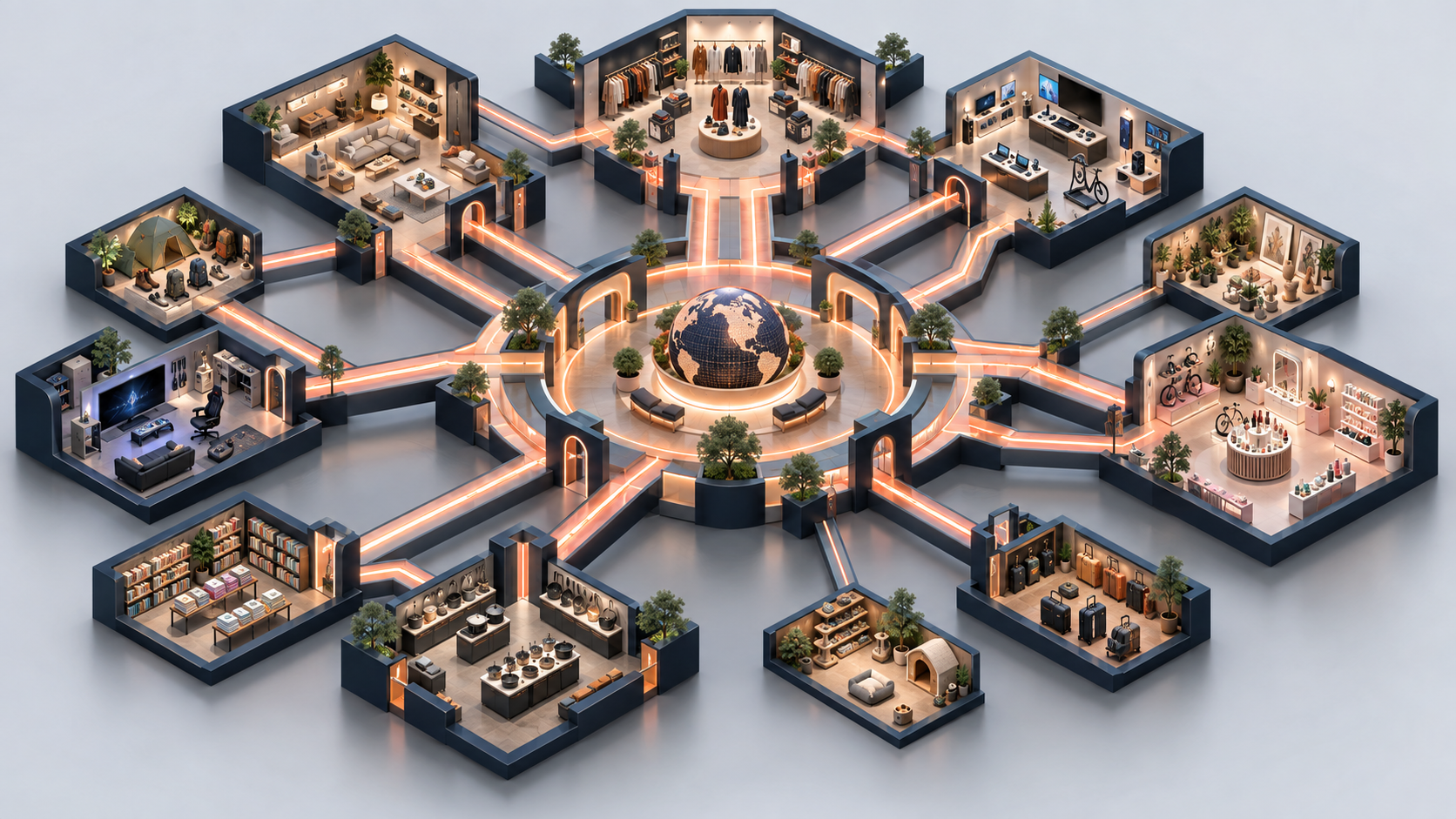 Isometric retail space with product category rooms connected by illuminated pathways of varying density.