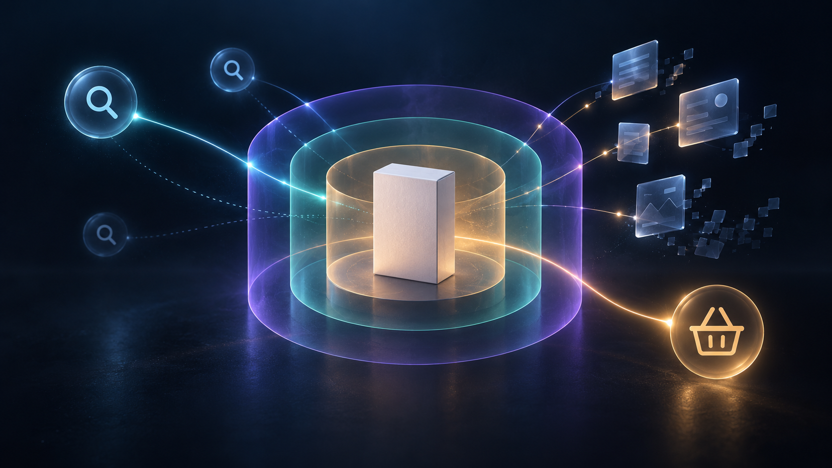A generic product package surrounded by three translucent layers and changing connections to search nodes, evidence fragments, and a shopping basket symbol.