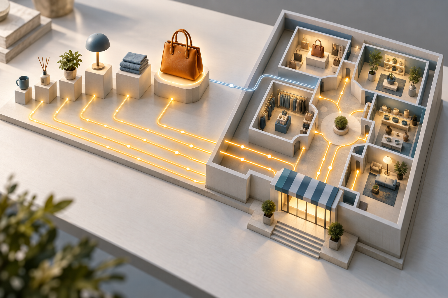 Tabletop model contrasting prominently displayed product collections with uneven pathways through a digital storefront structure.