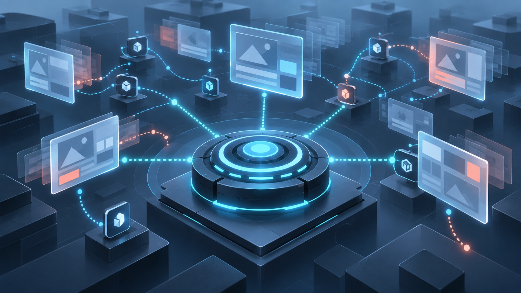 A stable monitoring hub tracks a shifting field of abstract answer panels and citation nodes connected by changing paths.