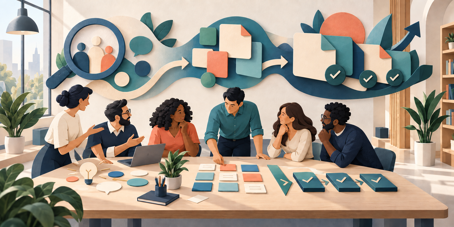 Agency and client team collaborate around a table as three groups of visual elements represent discovery, prioritization, and recurring delivery.