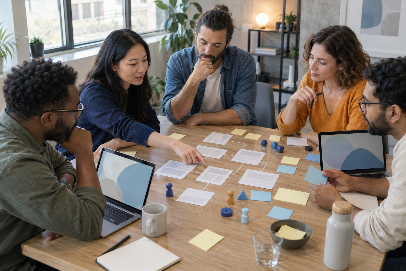 Five professionals participate in a discovery workshop using blank cards, sticky notes, and laptops around a meeting table.