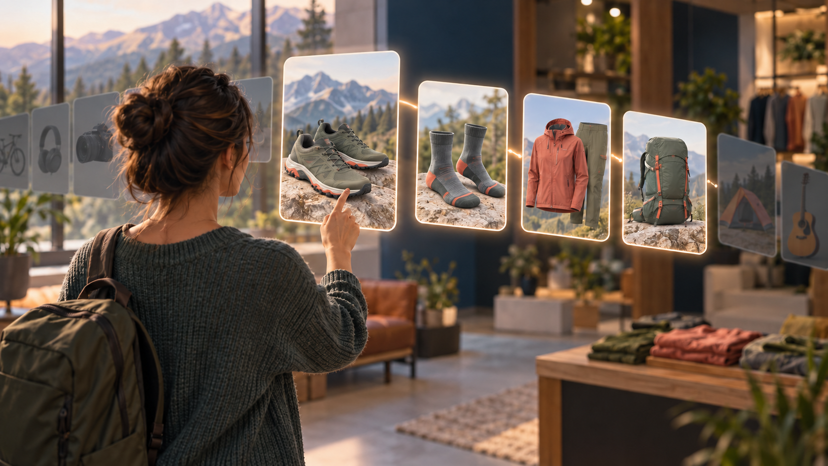 Shopper viewing image-only product panels for trail shoes, hiking socks, outdoor clothing, and backpacks connected in a natural shopping sequence.