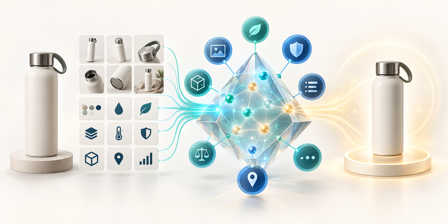 A generic product moves from organized attributes and evidence nodes through a transparent reasoning structure into a highlighted selection tray.