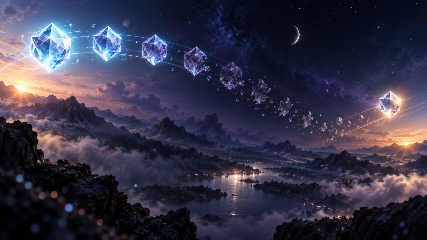 A sequence of floating crystalline nodes gradually dims and fragments, with a newly glowing node appearing near the end.