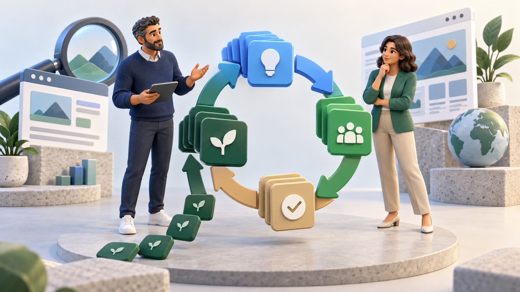 Two professionals stand beside a circular workflow of unlabeled task tiles representing recurring requests, collaboration, approval, and completion.