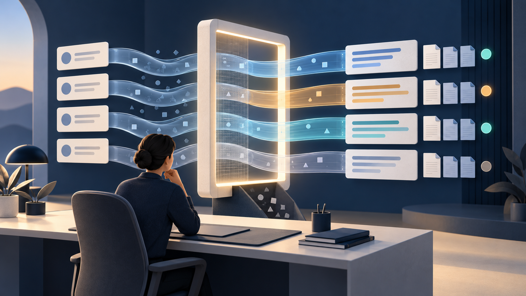 An analyst monitors identical prompt cards and translucent AI answer streams passing through a fixed measurement frame.
