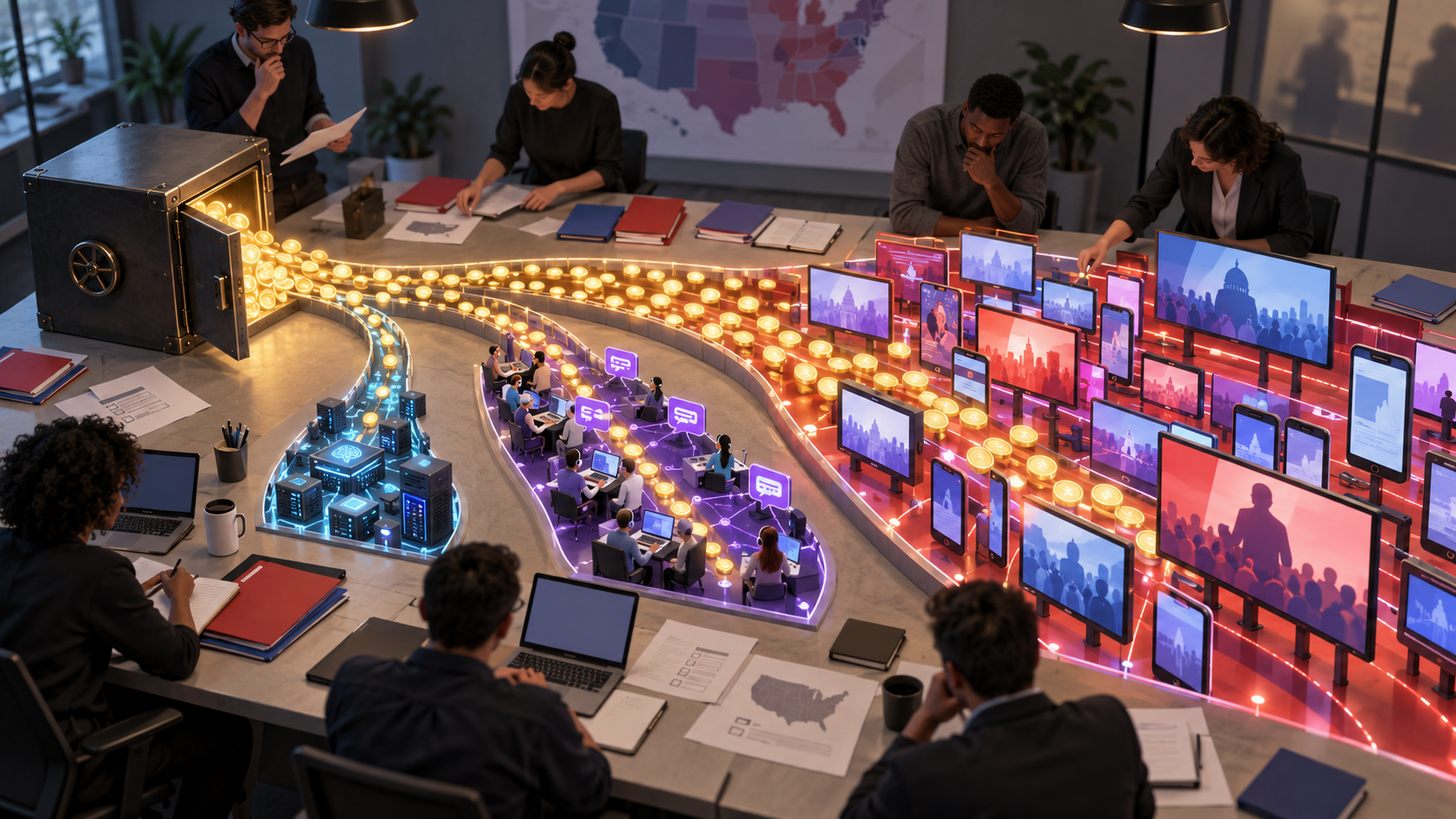 Campaign staff gather around a table where glowing budget tokens divide among AI tools, outreach systems, and digital advertising placements.
