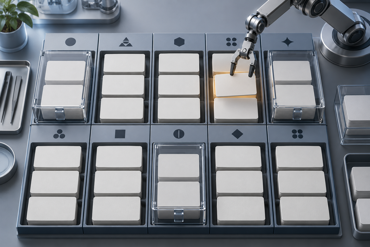 Blank prompt cards are arranged in a fixed modular grid while a mechanical arm selects one card.
