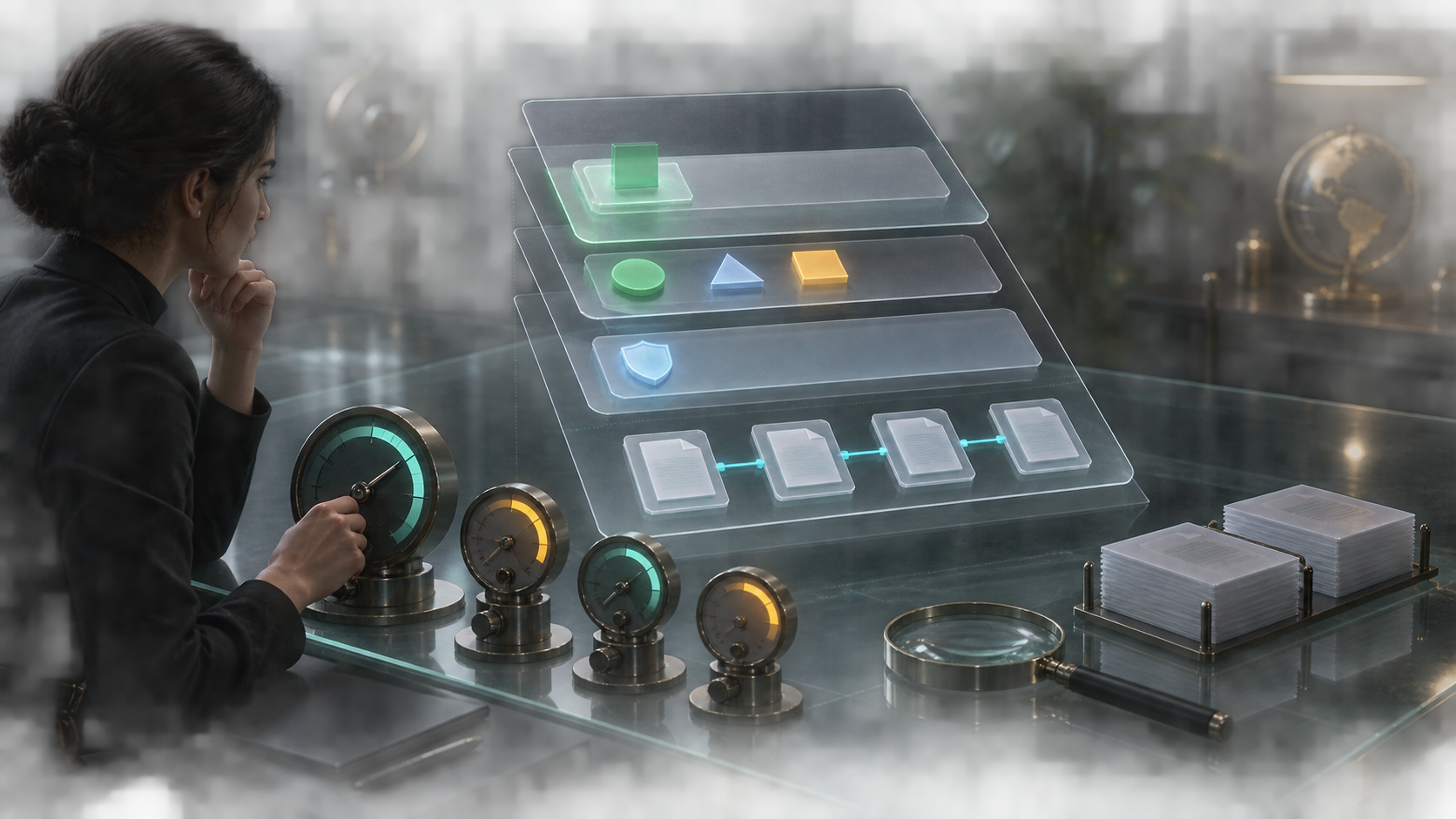 An analyst examines a layered answer panel, source tiles, and several unlabeled evaluation gauges on an inspection table.