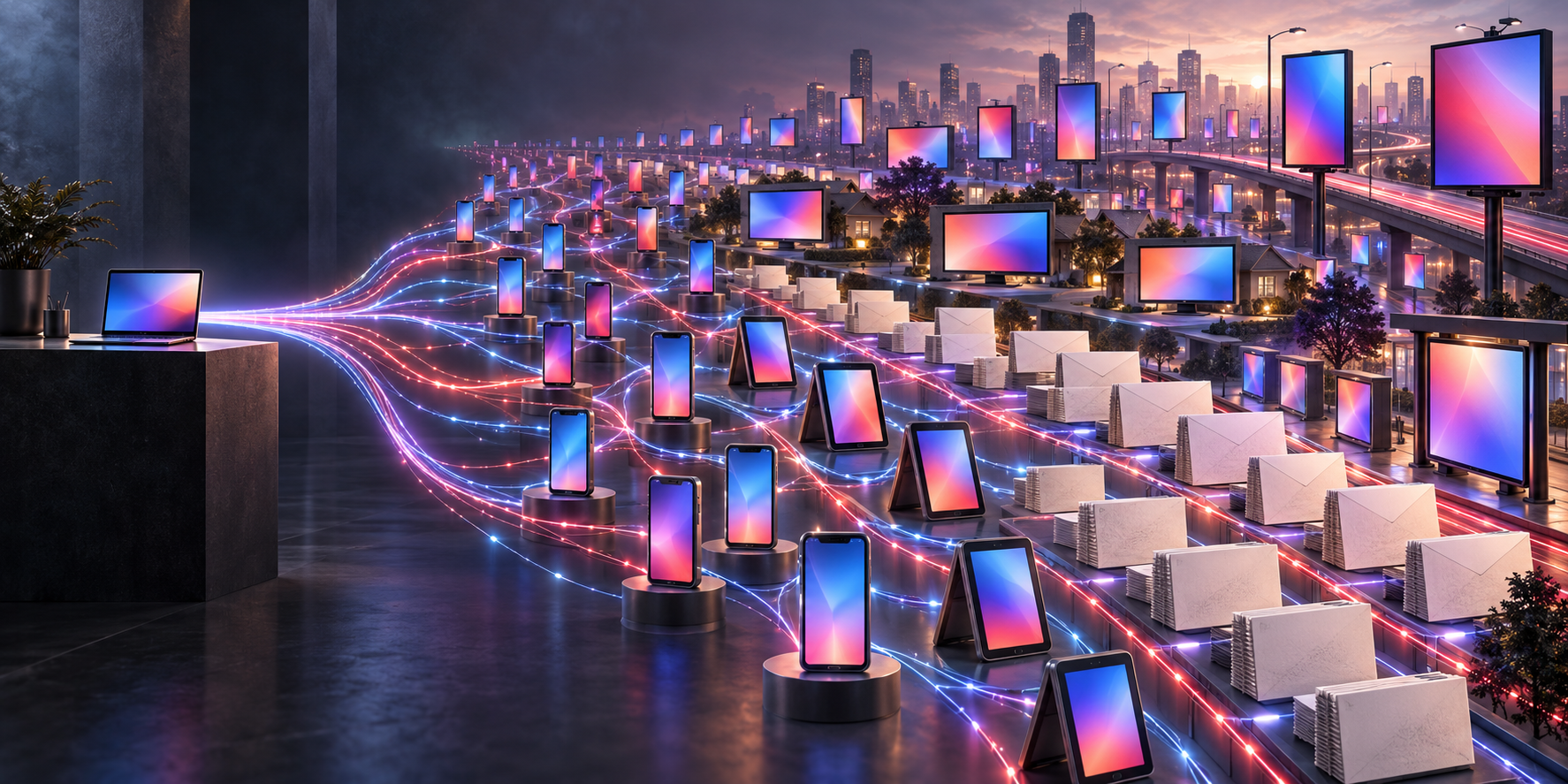 A small AI workstation connects through branching light trails to many phones, screens, mail pieces, and canvassing devices.