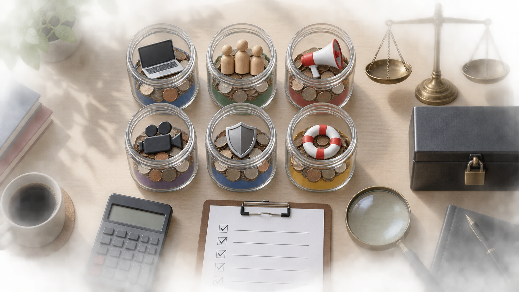 Transparent budget containers, coins, a magnifying glass, a locked data box, and a balance scale are arranged on an orderly campaign planning desk.