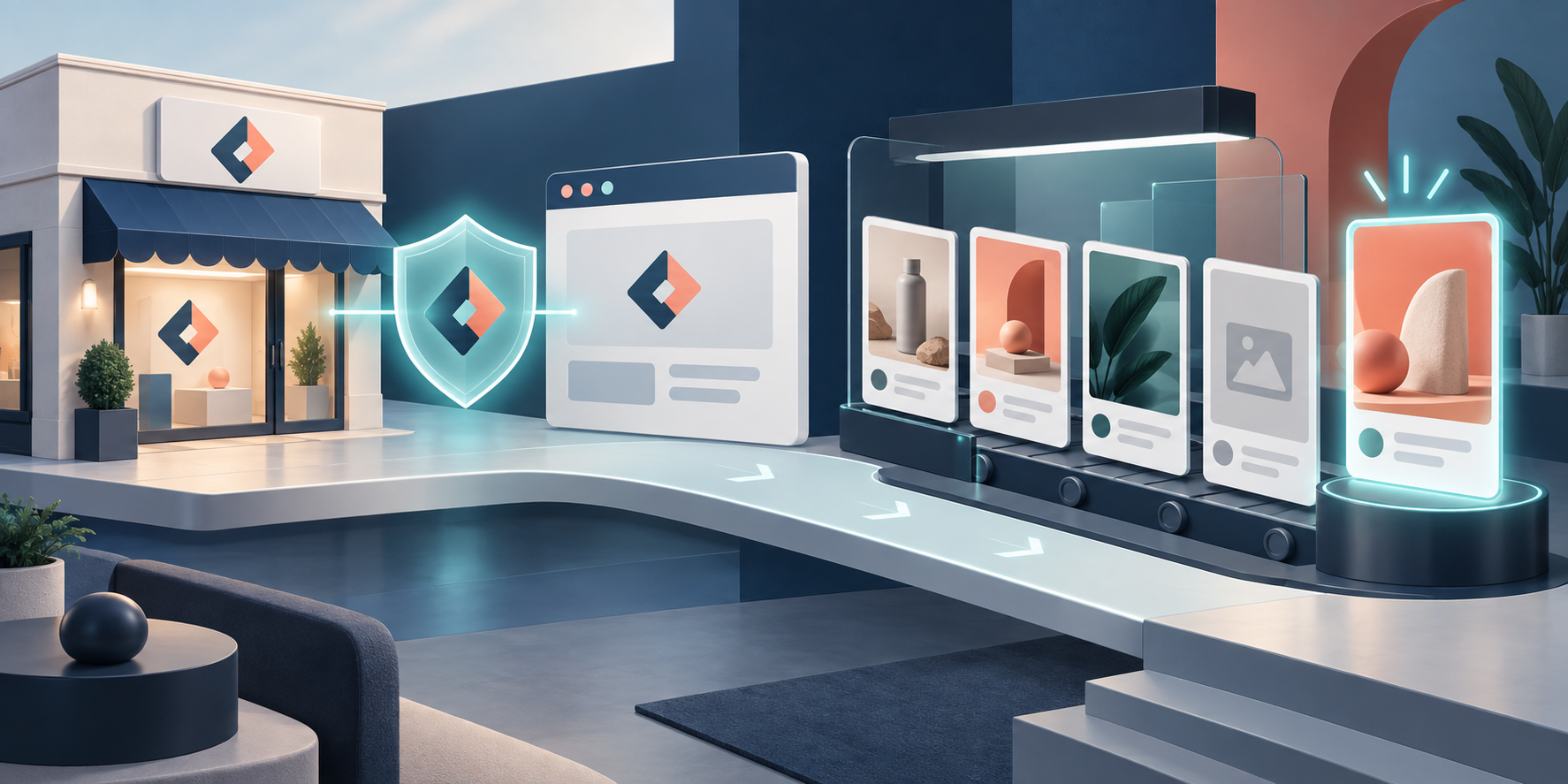 Editorial illustration showing a brand and website passing through a verification step before several advertising creatives enter a testing station.