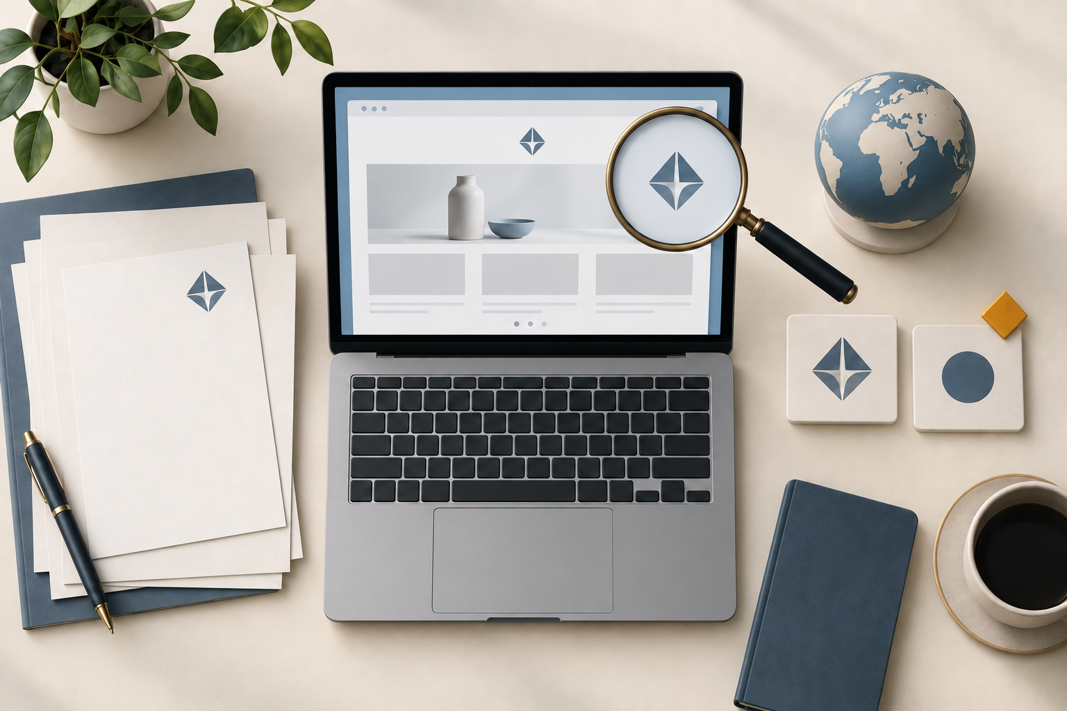 Top-down illustration of a laptop, ownership documents, and matching brand symbols being compared with a magnifying glass during a domain audit.