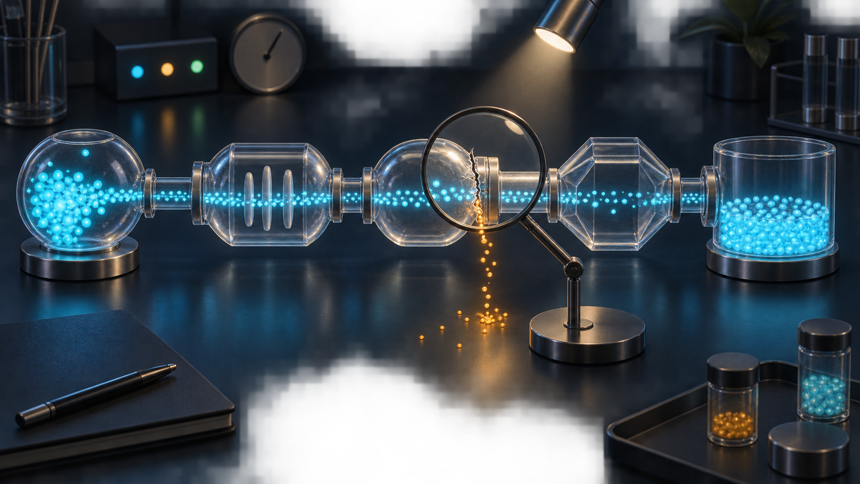 A transparent five-chamber system carries glowing particles toward a reservoir while a magnifier and inspection light reveal a leak at one connection.