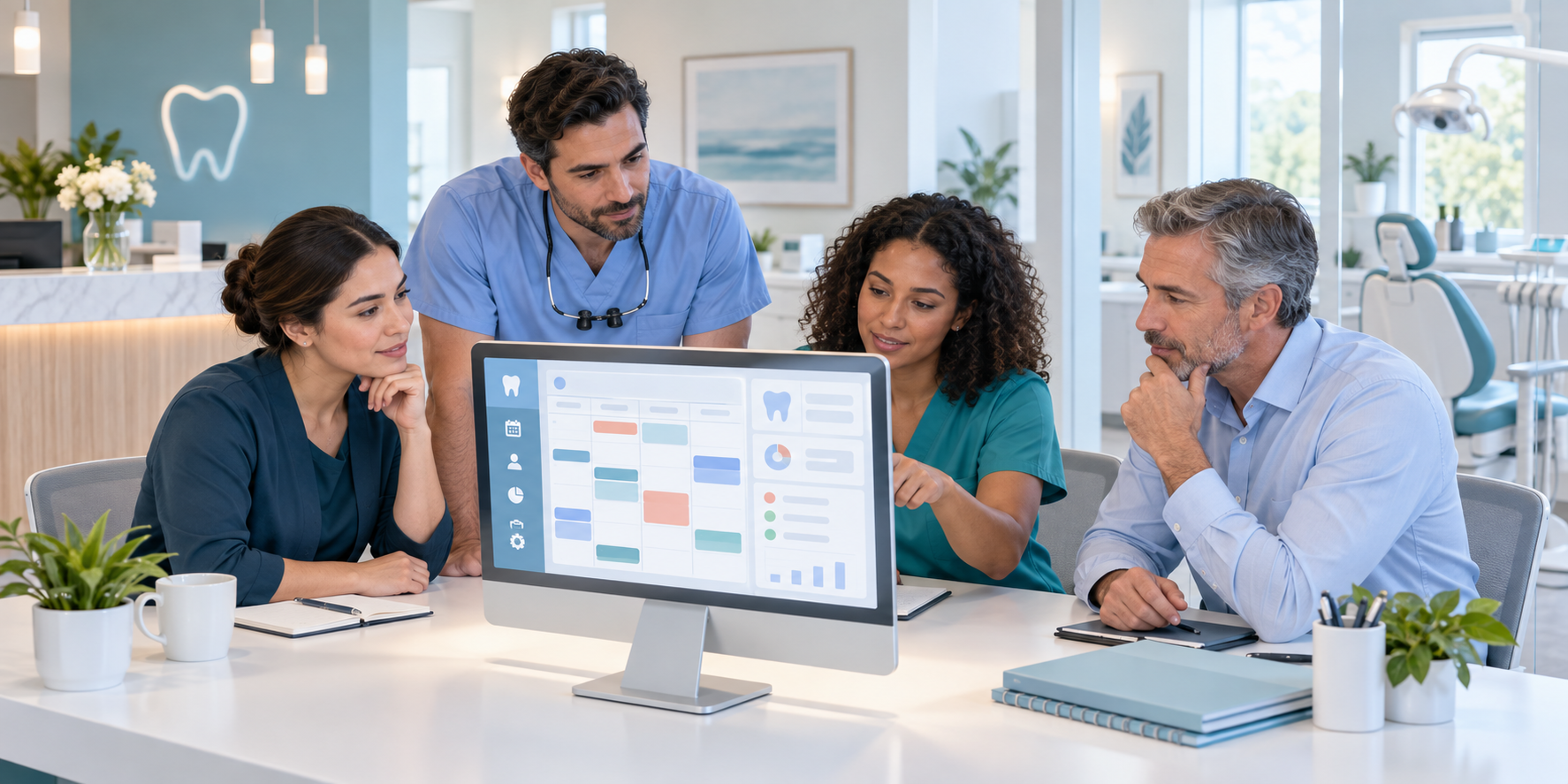 Dental practice staff from reception, clinical care, billing, and leadership evaluate a software interface together in a modern office.