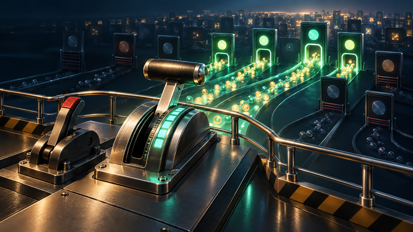 A throttle lever directs glowing tokens through selected gates while a separate brake mechanism and safety rails control the path.