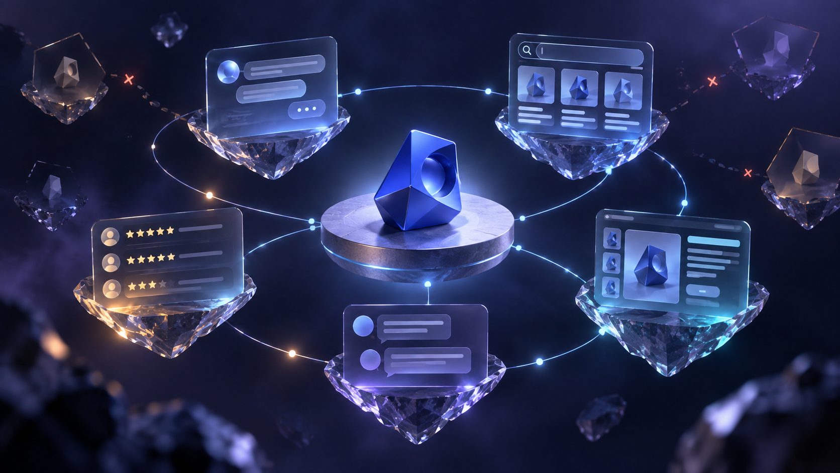 A fictional blue product object connects to separate abstract islands representing AI answers, search results, reviews, social media, and a website.