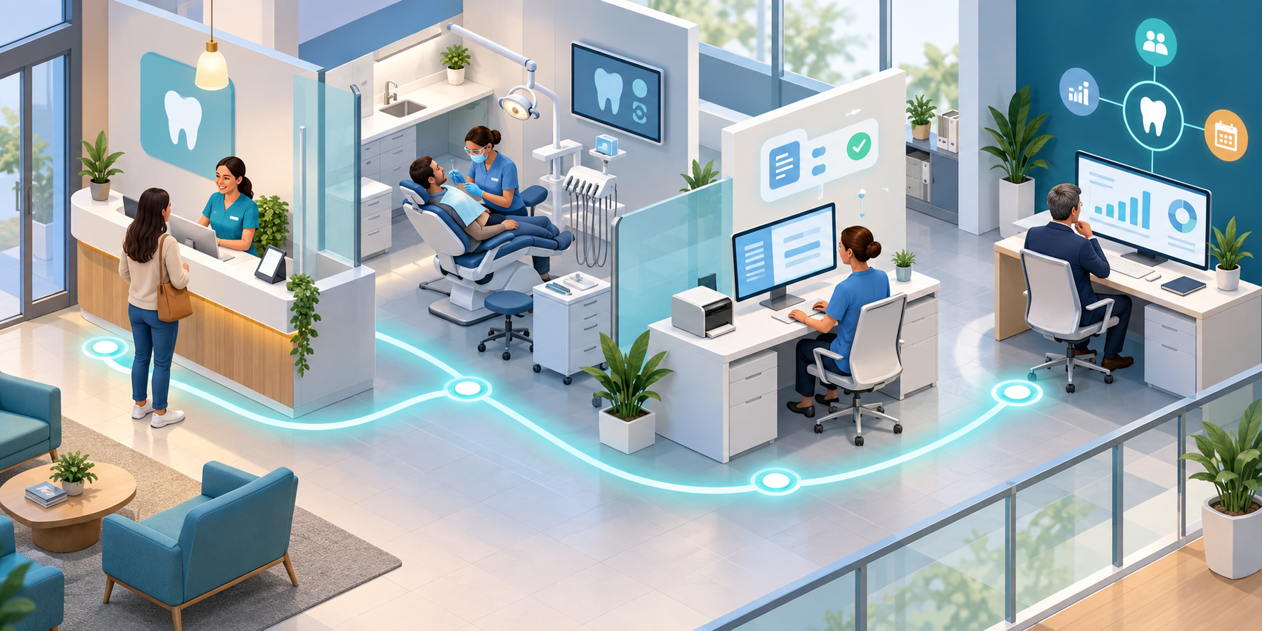 An illustrated dental practice workflow connects patient check-in, clinical treatment, billing, and management review.