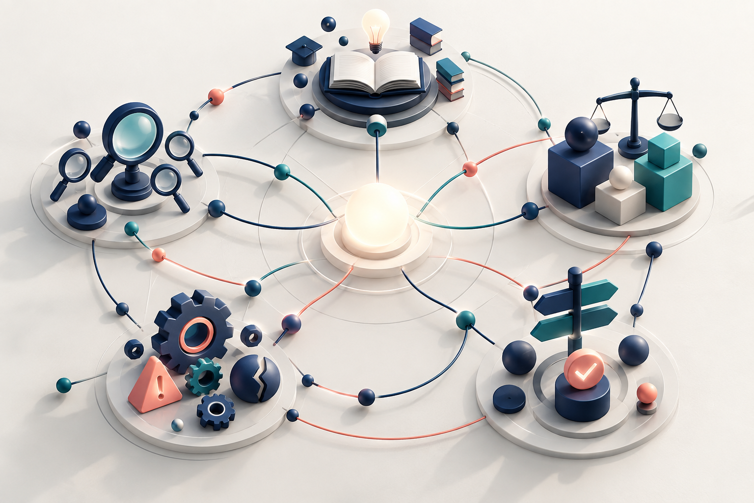 A glowing central sphere branches into interconnected clusters of abstract objects representing different kinds of related questions.