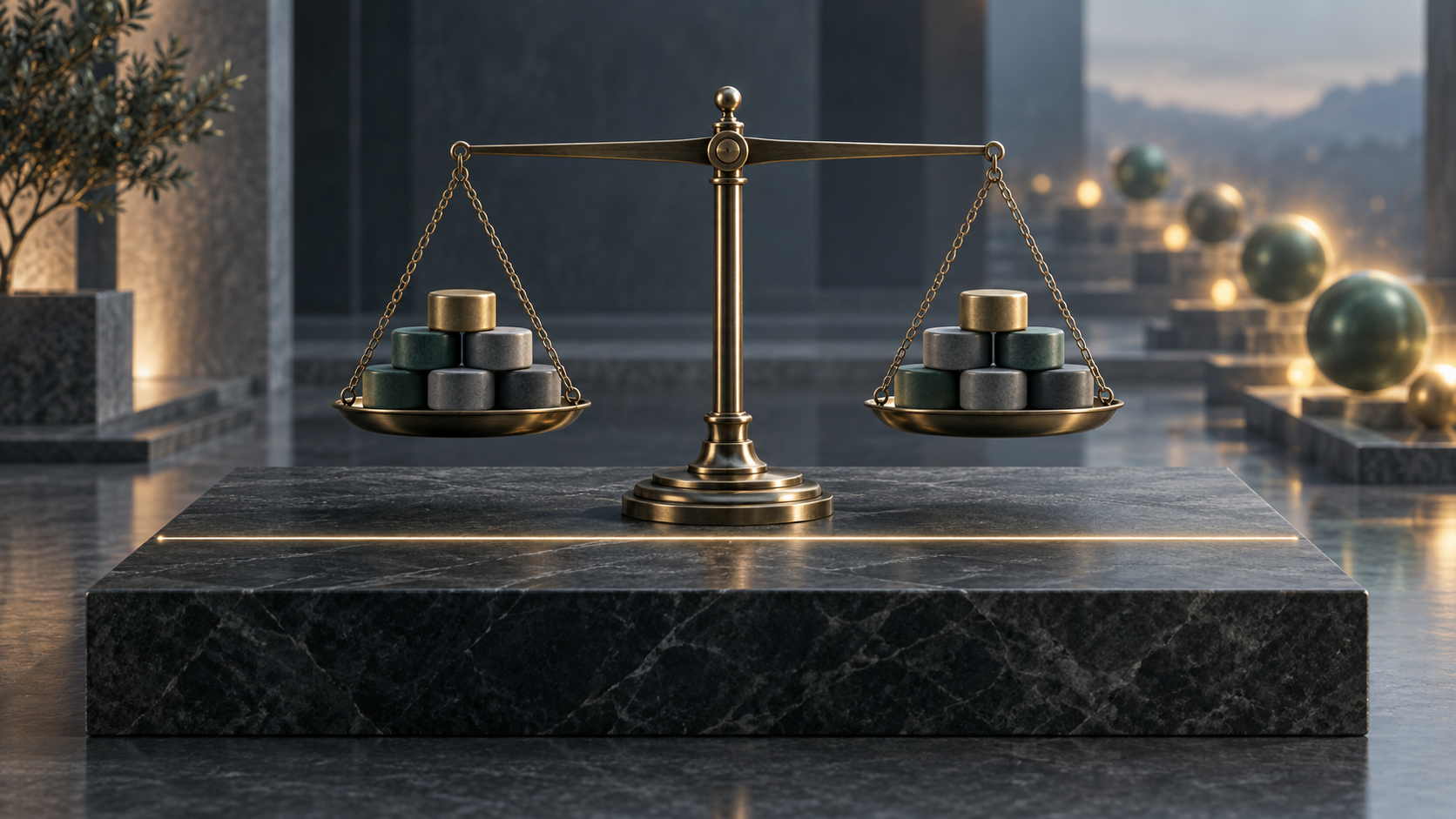 A balance scale with abstract cost and value tokens rests on a solid platform above a defined threshold.