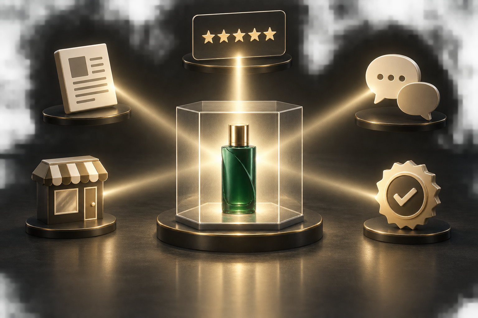 Independent review, publication, discussion, storefront, and validation symbols cast converging beams of light onto a fictional green product.