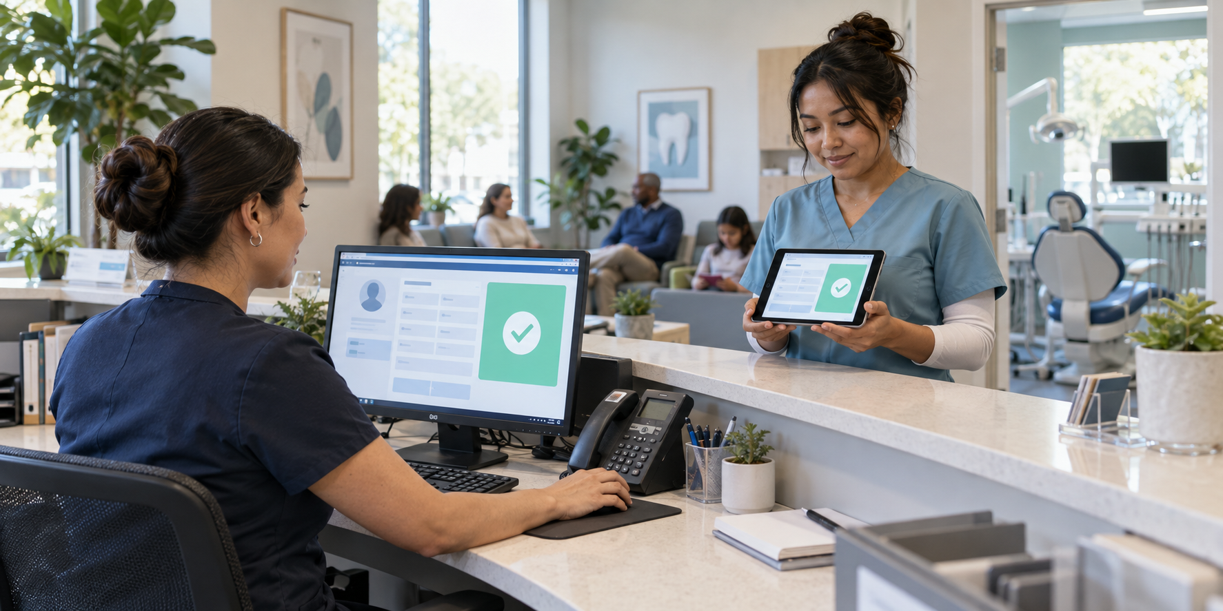 A dental receptionist checks in a patient on a computer while an assistant receives the workflow update on a tablet.