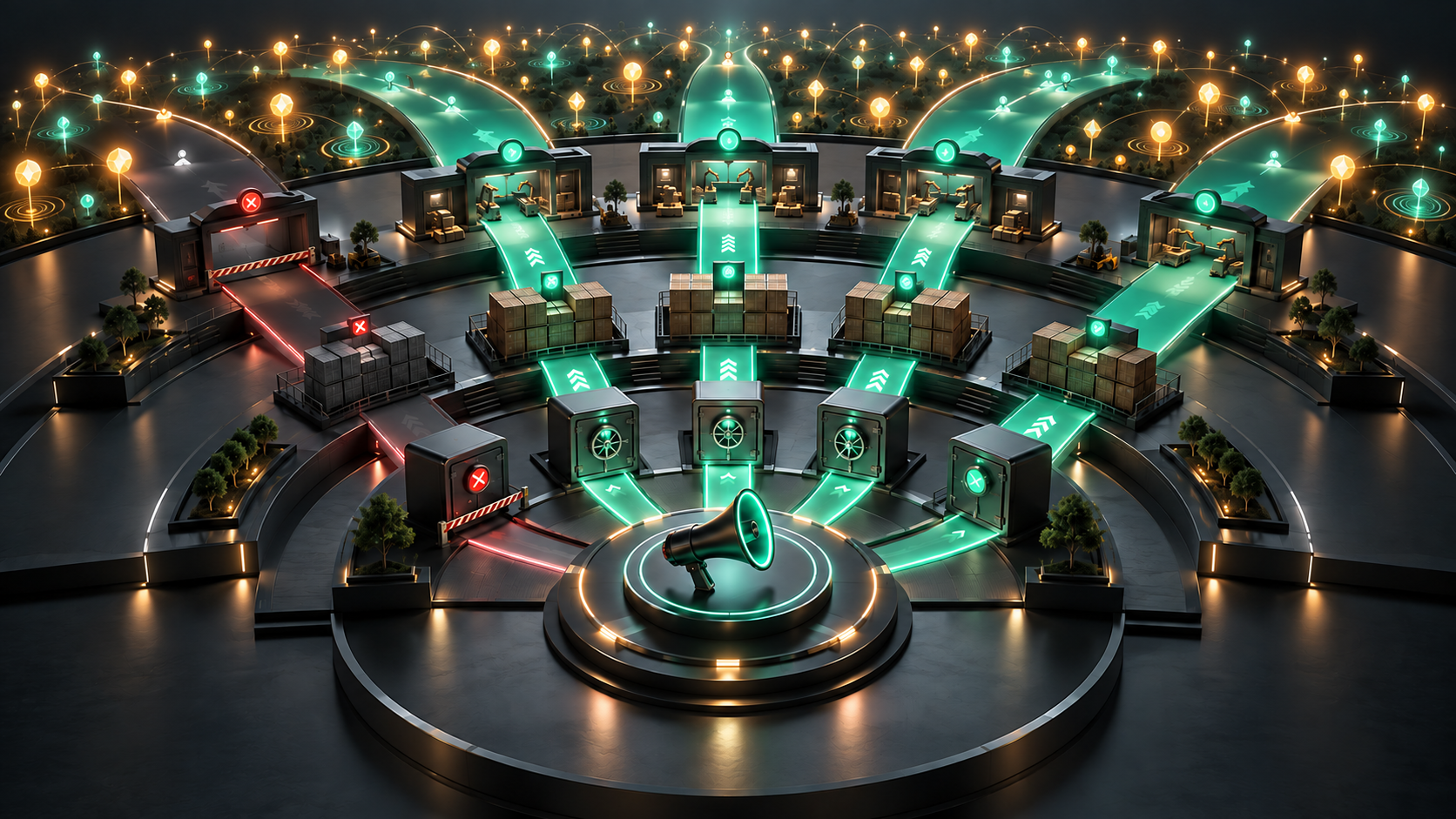 Concentric illuminated lanes expand from a central hub through checkpoints represented by a safe, containers, and service stations.