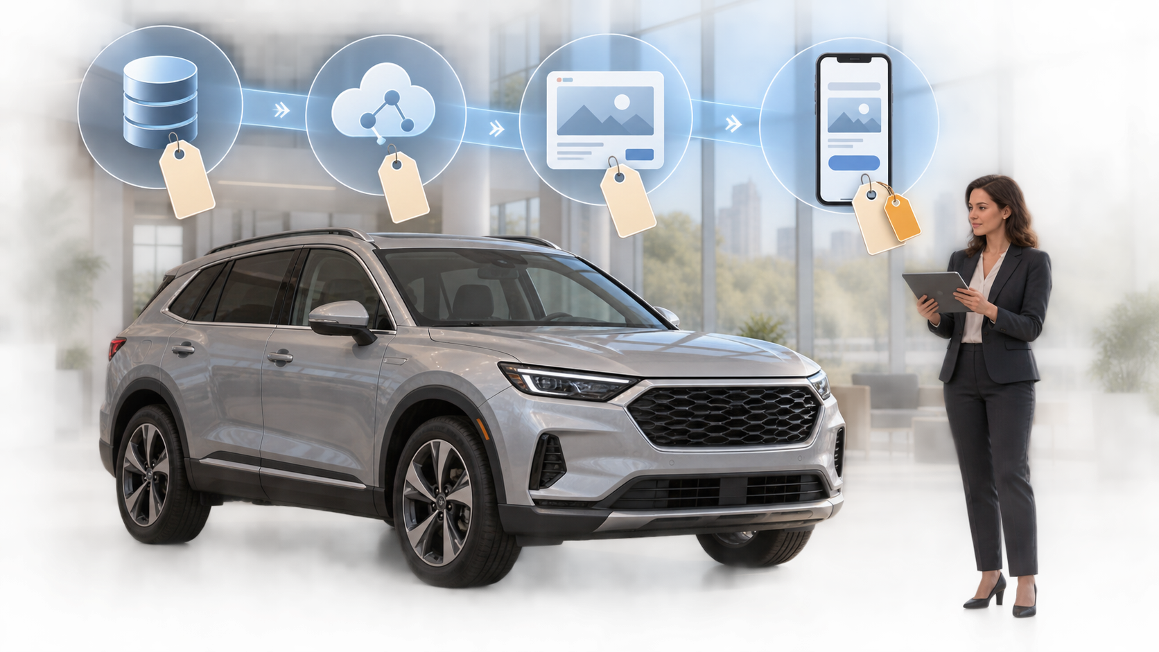 A compliance specialist checks a visual data path connecting a dealership vehicle record, digital ad, and mobile landing page beside an unbranded SUV.