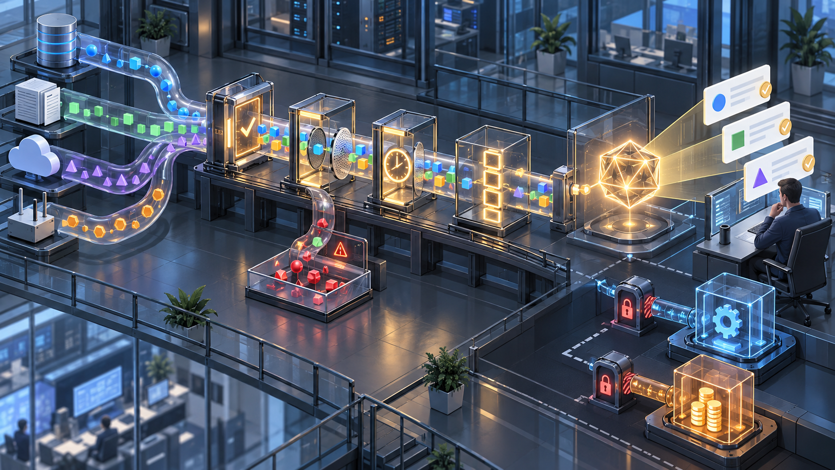 Transparent data channels pass advertising events through validation and lineage checks before an AI system presents evidence to a human reviewer.