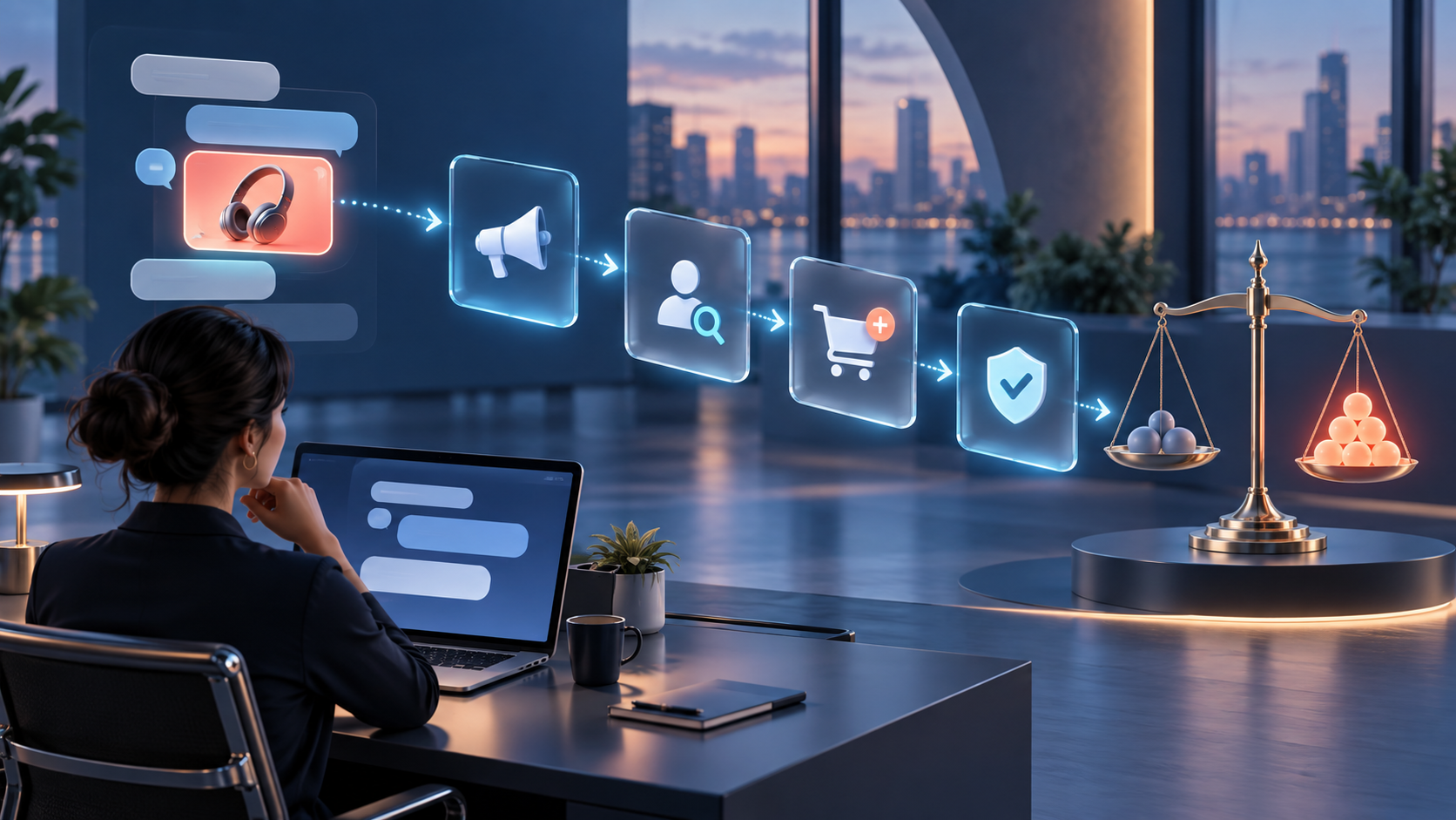 An analyst observes a glowing visual ad moving through abstract measurement checkpoints toward a scale holding newly added outcome tokens.