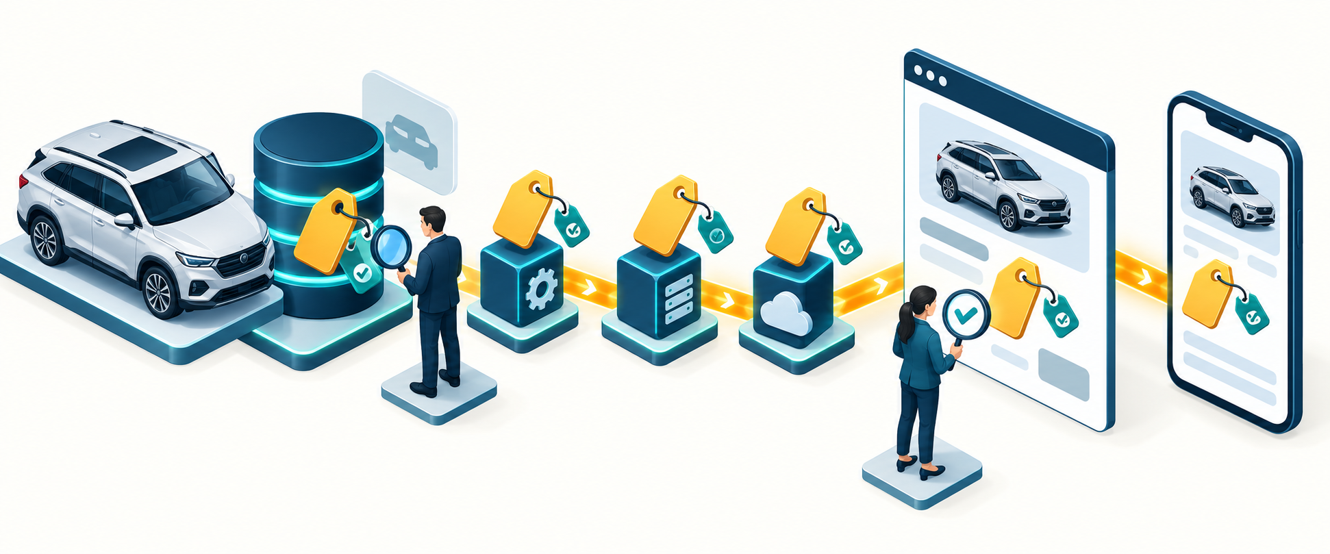 An isometric audit chain links a vehicle inventory record, feed pipeline, online ad, and mobile landing page with connected price and discount tags.