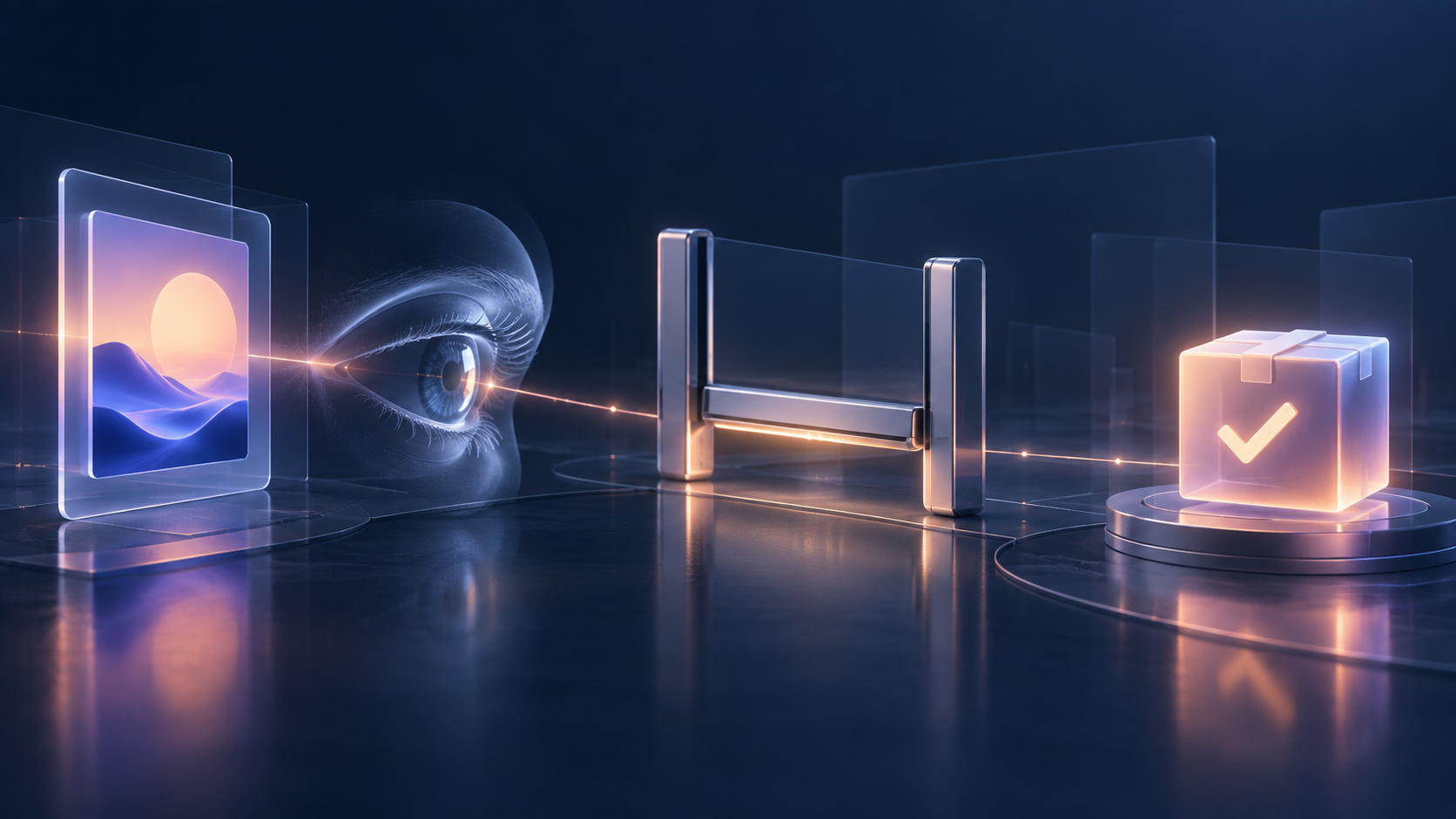 An ad tile, a translucent eye, and a purchase symbol are linked by light passing through a lowered threshold gate.