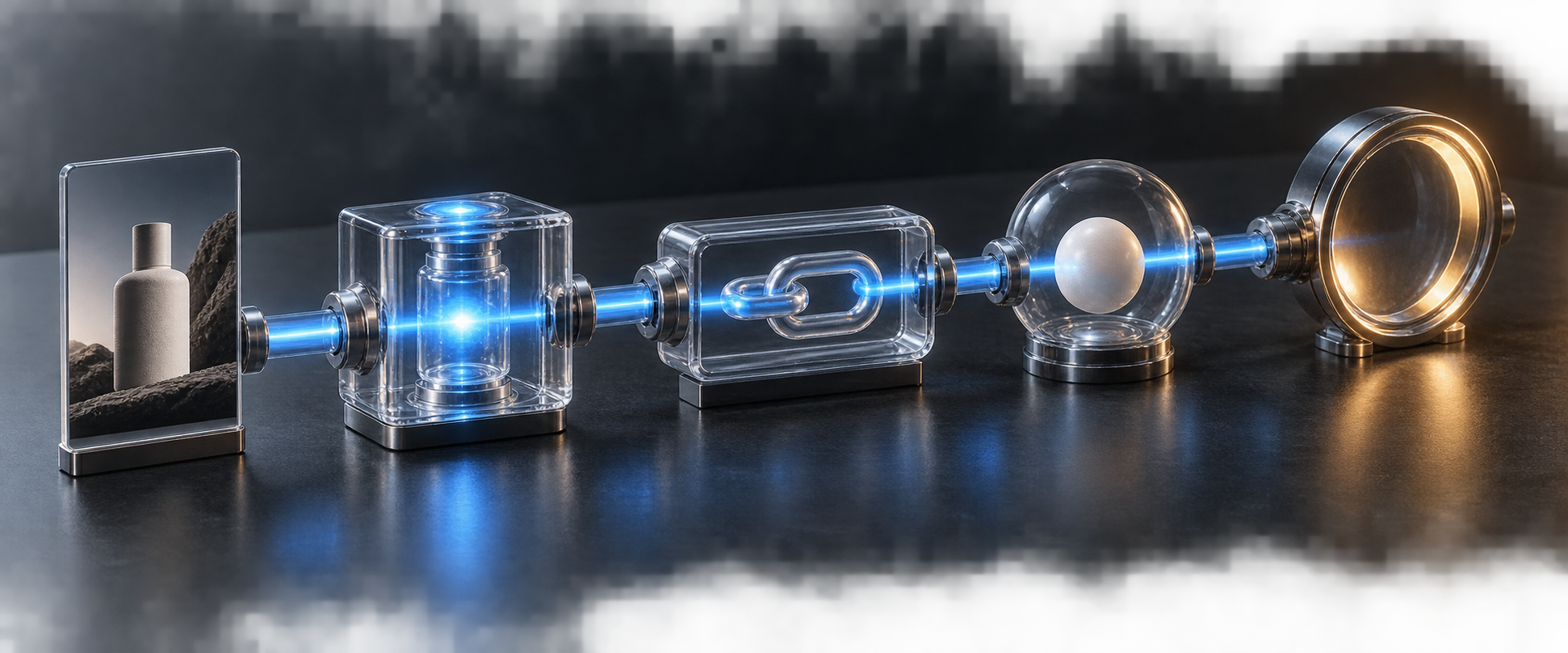 A visual ad card passes through four connected transparent measurement modules on a dark tabletop.