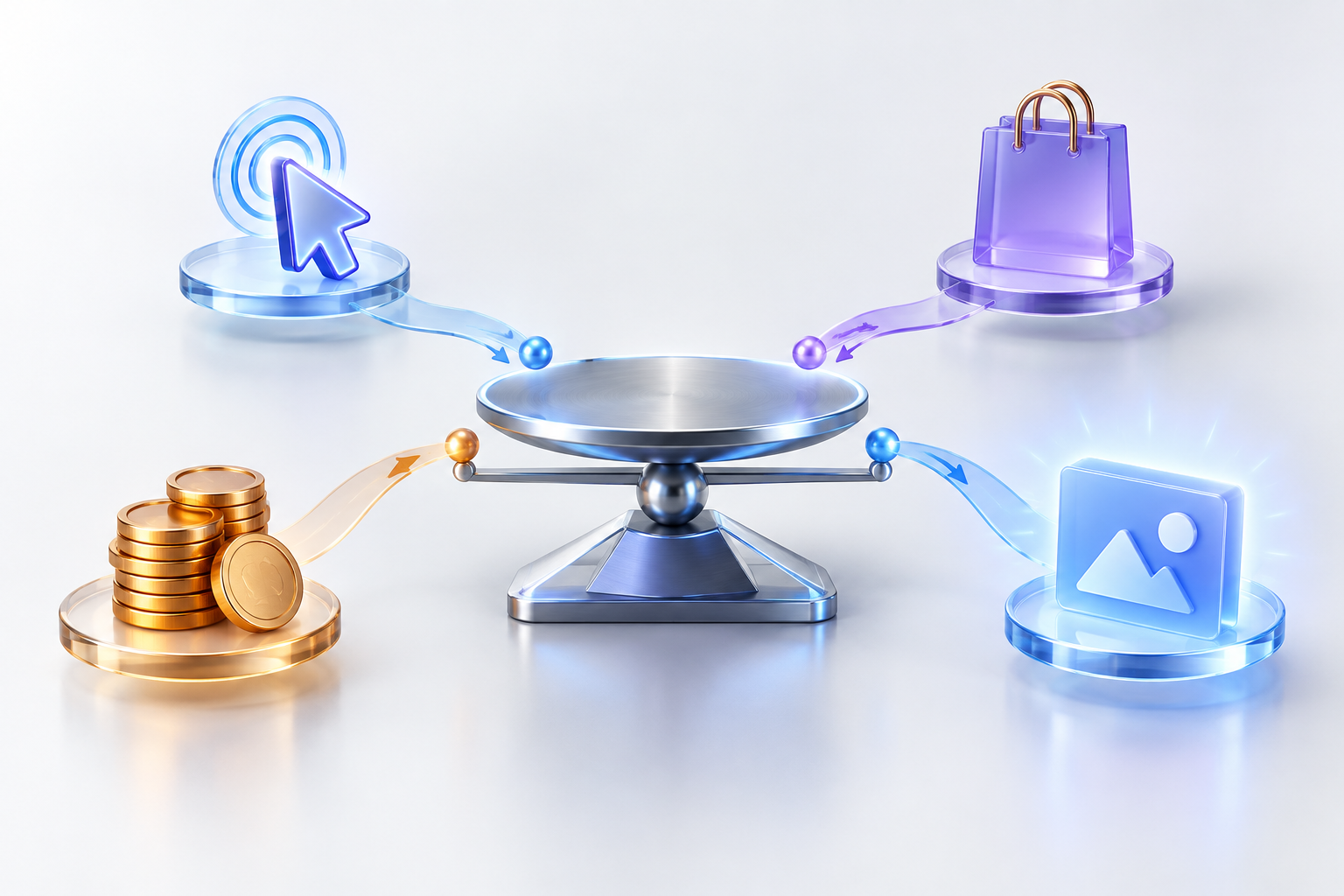 A balanced decision mechanism receives signals from an ad impression, a click, a conversion, and a stack of budget coins.