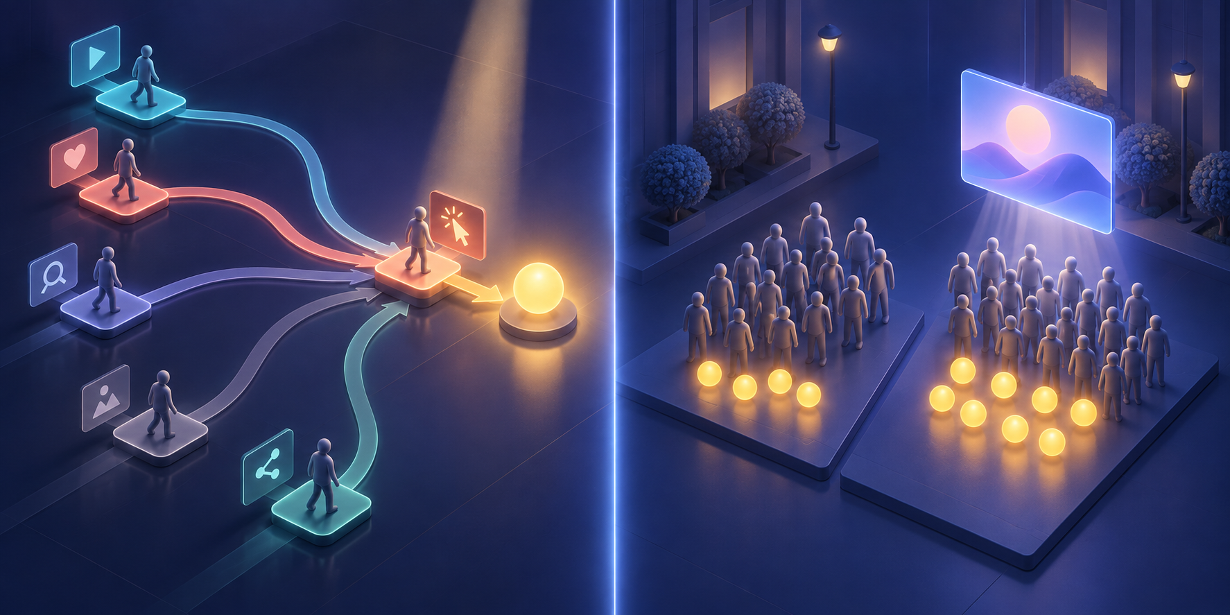 A split illustration shows converging customer paths beside two matched groups, one exposed to an ad and producing extra outcome tokens.
