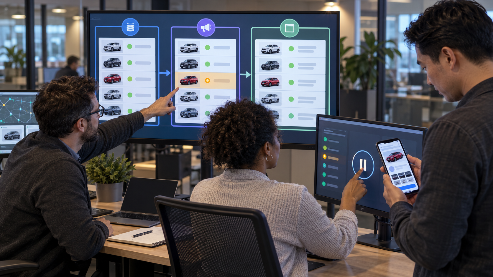 A dealership advertising team investigates an amber-highlighted pricing mismatch across inventory, ad, and landing-page systems.