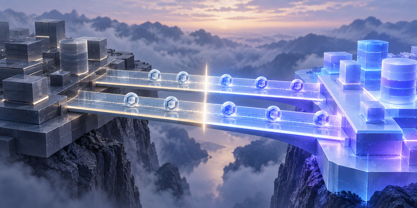 Two separate data platforms in muted and bright colors are connected by a two-lane illuminated bridge across a rollout boundary.