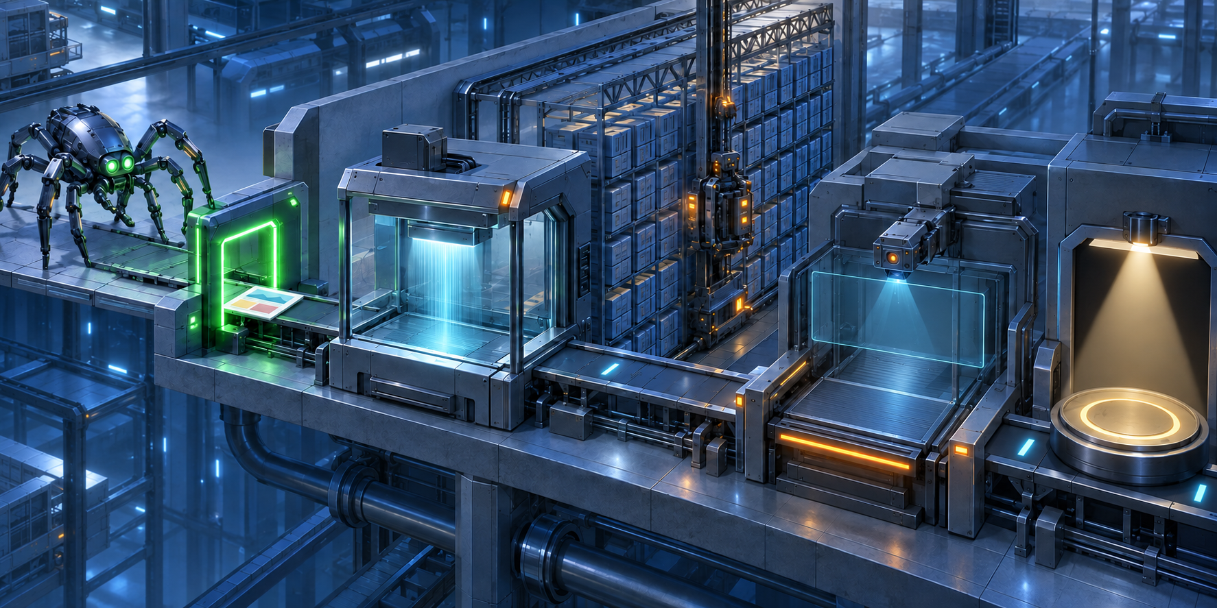 An updated webpage moves from a retrieval machine through scanning, archive, comparison, and display stages in a digital facility.