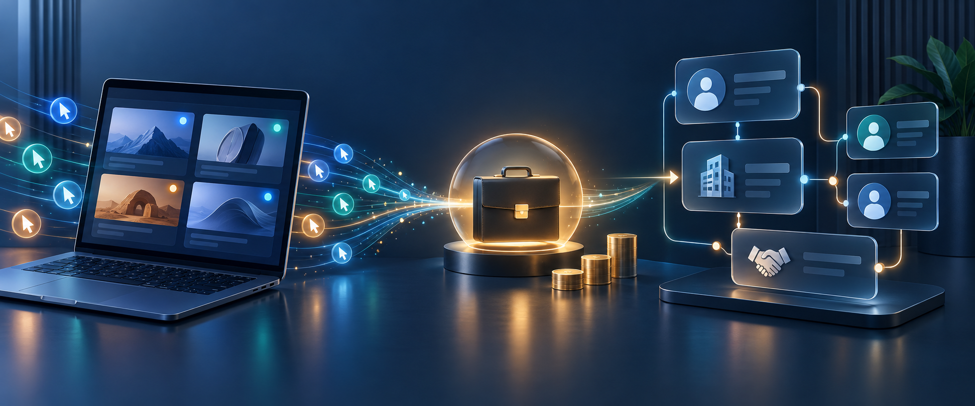 An abstract advertising workspace connected by a glowing data path to CRM contact, company, and deal records ending in a closed transaction.