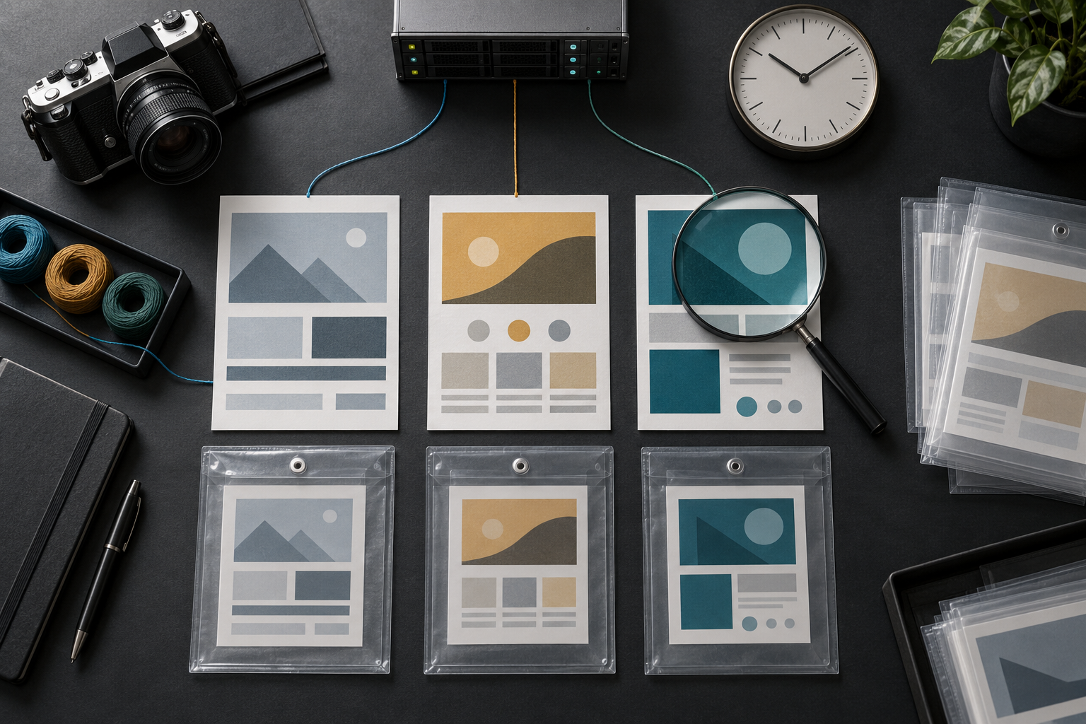 Three preserved webpage versions are arranged beside a server model, clock, camera, archive sleeves, and magnifying glass.