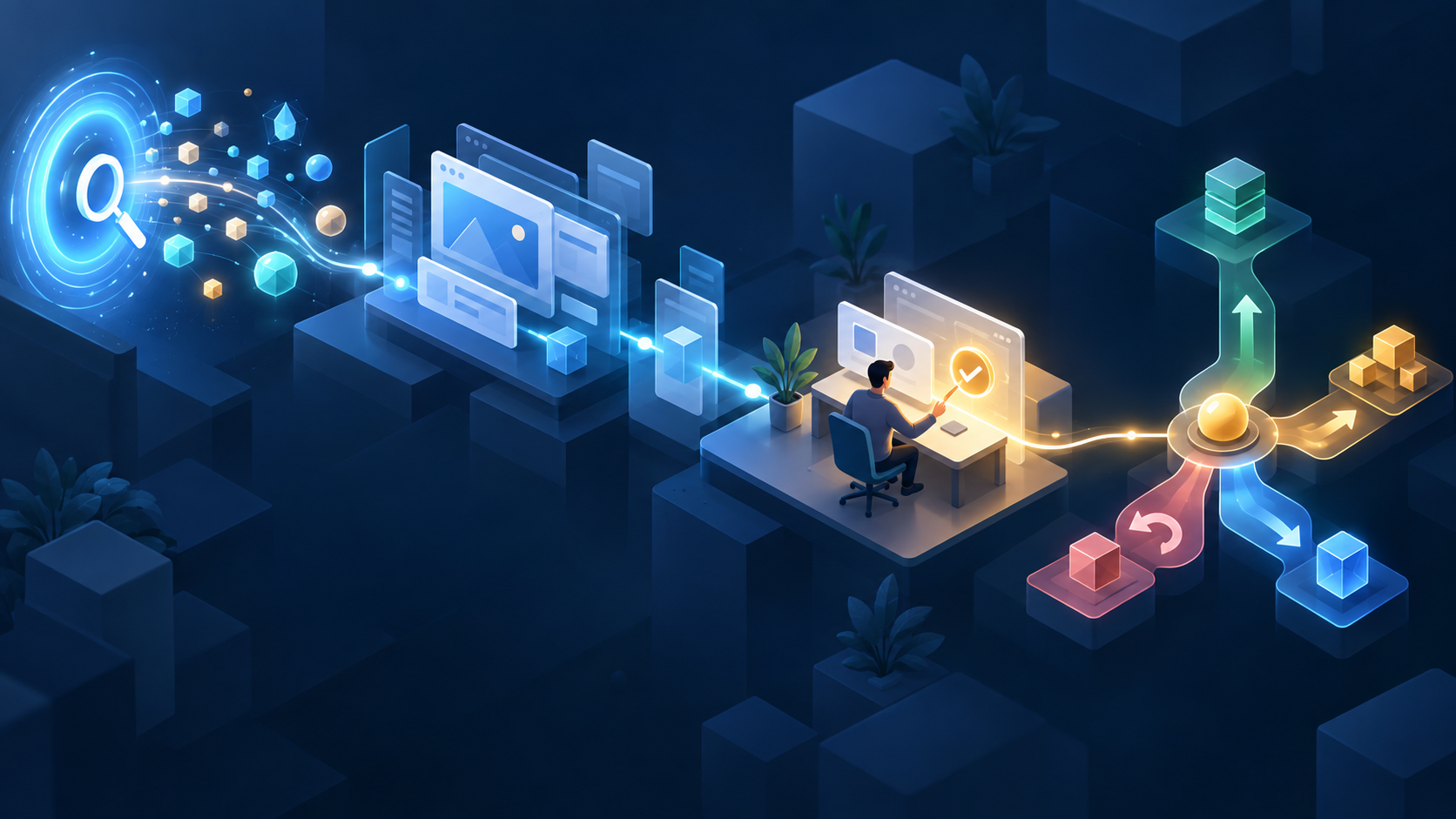 Isometric illustration of signals moving from a search portal through a web interface to a completed task and a four-way product decision junction.