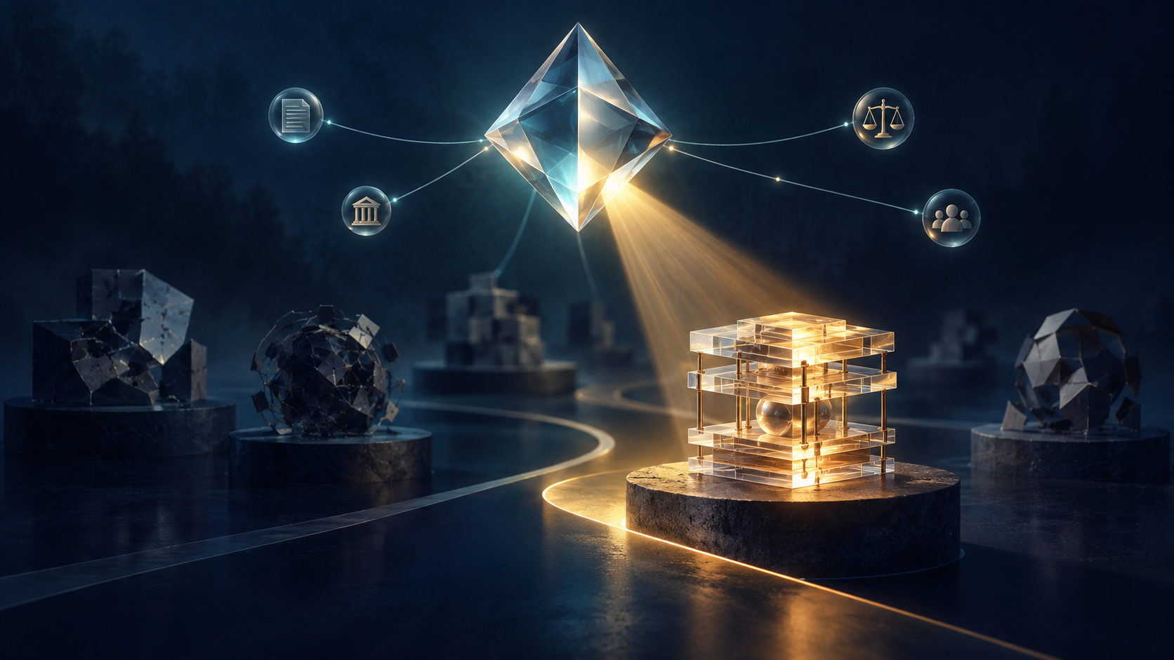A glowing prism highlights a transparent, well-supported object while fragmented objects fade into the dark background.