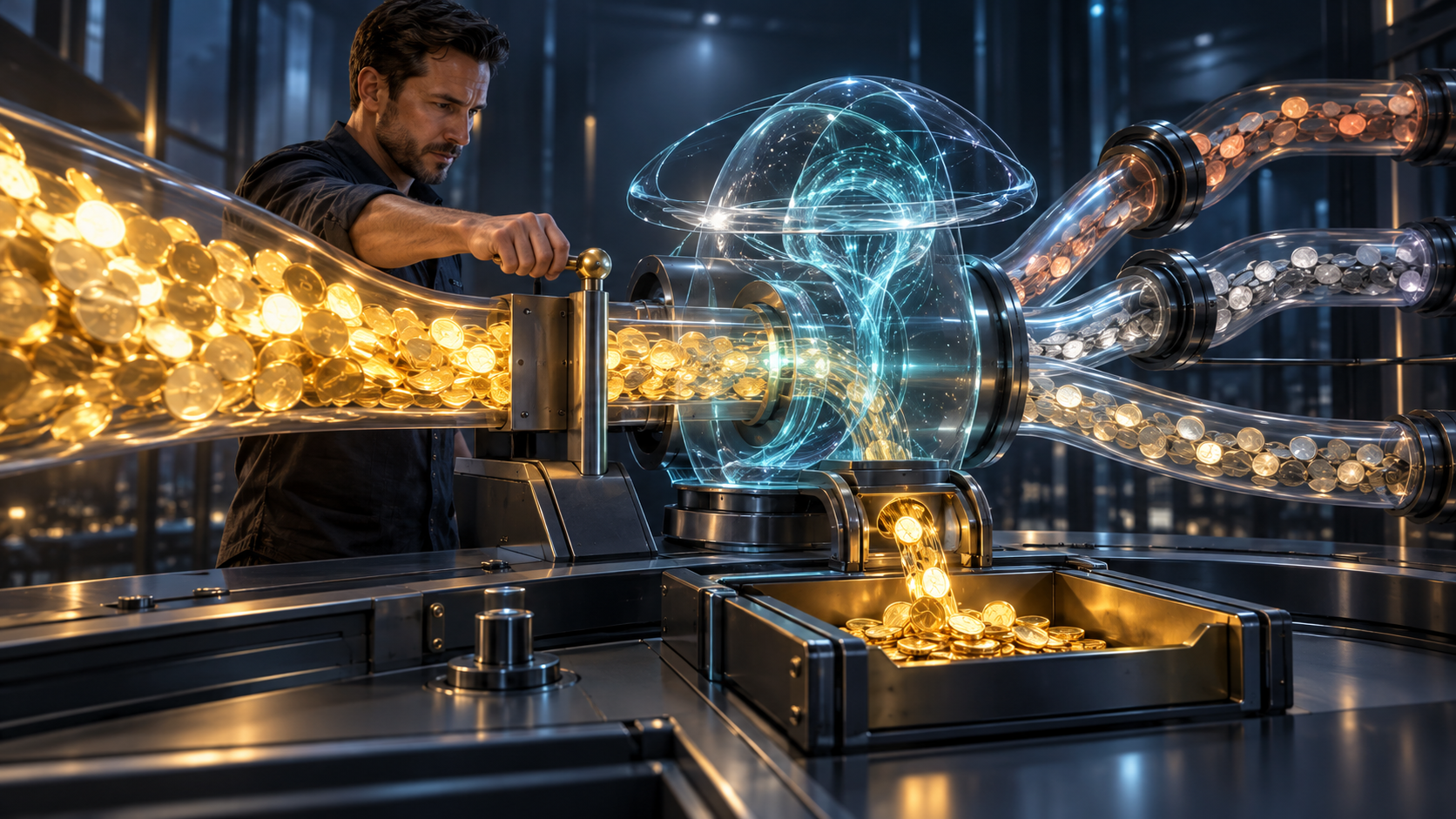A business operator adjusts an automated control system that separates a stream of sales tokens into costs and retained gold profit.