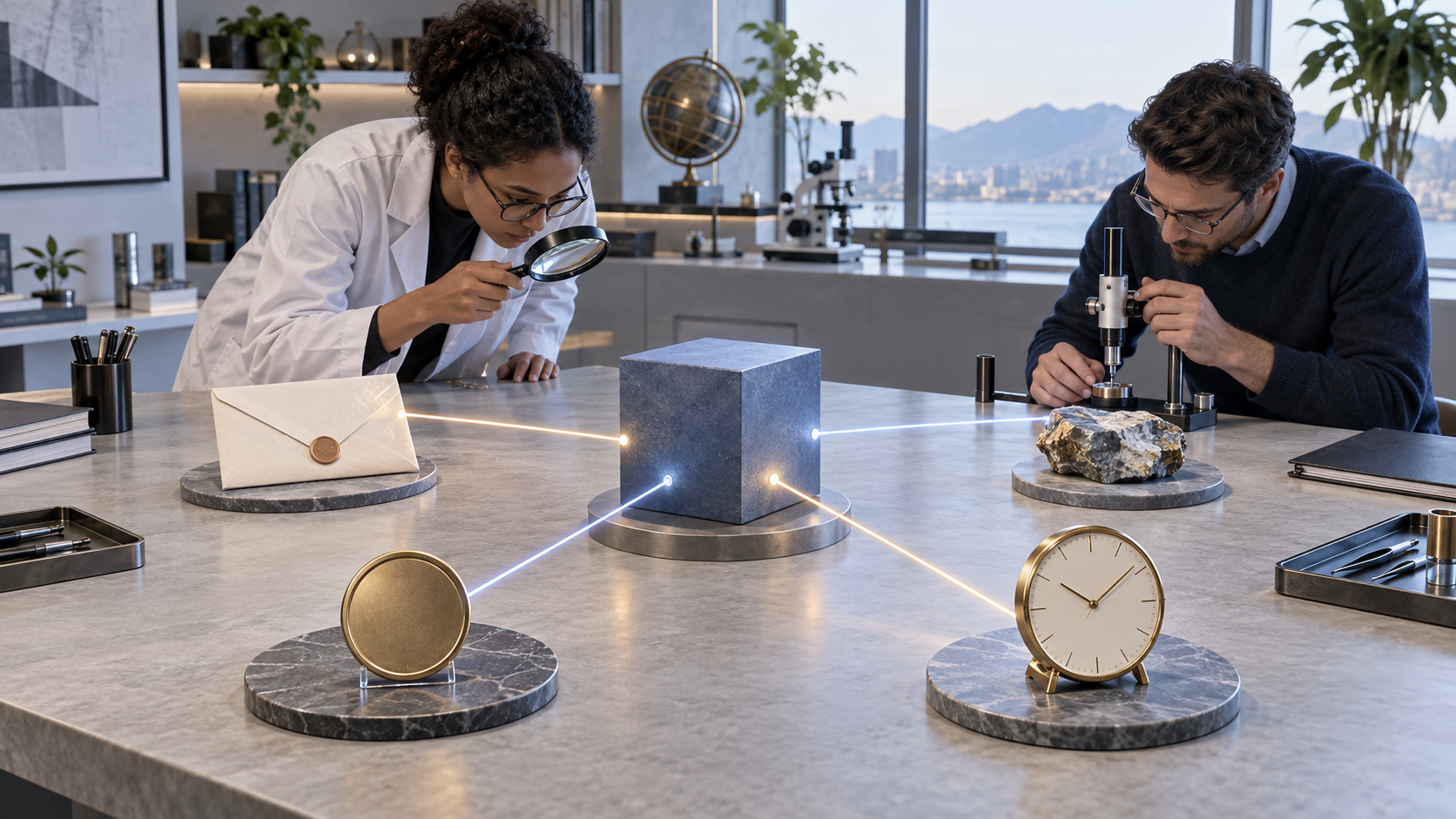 Two researchers inspect luminous connections between a geometric block, an unmarked document, a product sample, a medallion, and a clock.