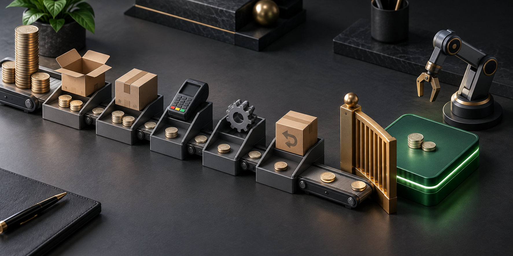 Coins pass through trays representing product, shipping, payment, service, and return costs before the remainder reaches a protected profit platform.