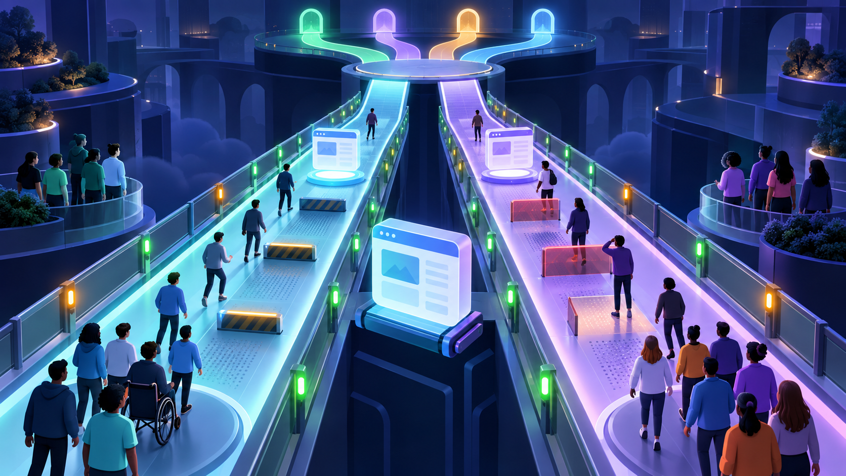 Two parallel release-testing lanes carry grouped user figures toward task outcomes within illuminated safety rails and a final decision platform.