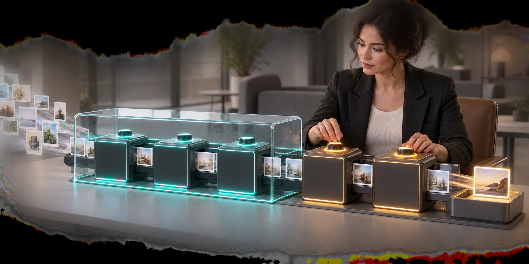 A marketing analyst oversees a modular advertising console where some control units are automated and others remain under human control.