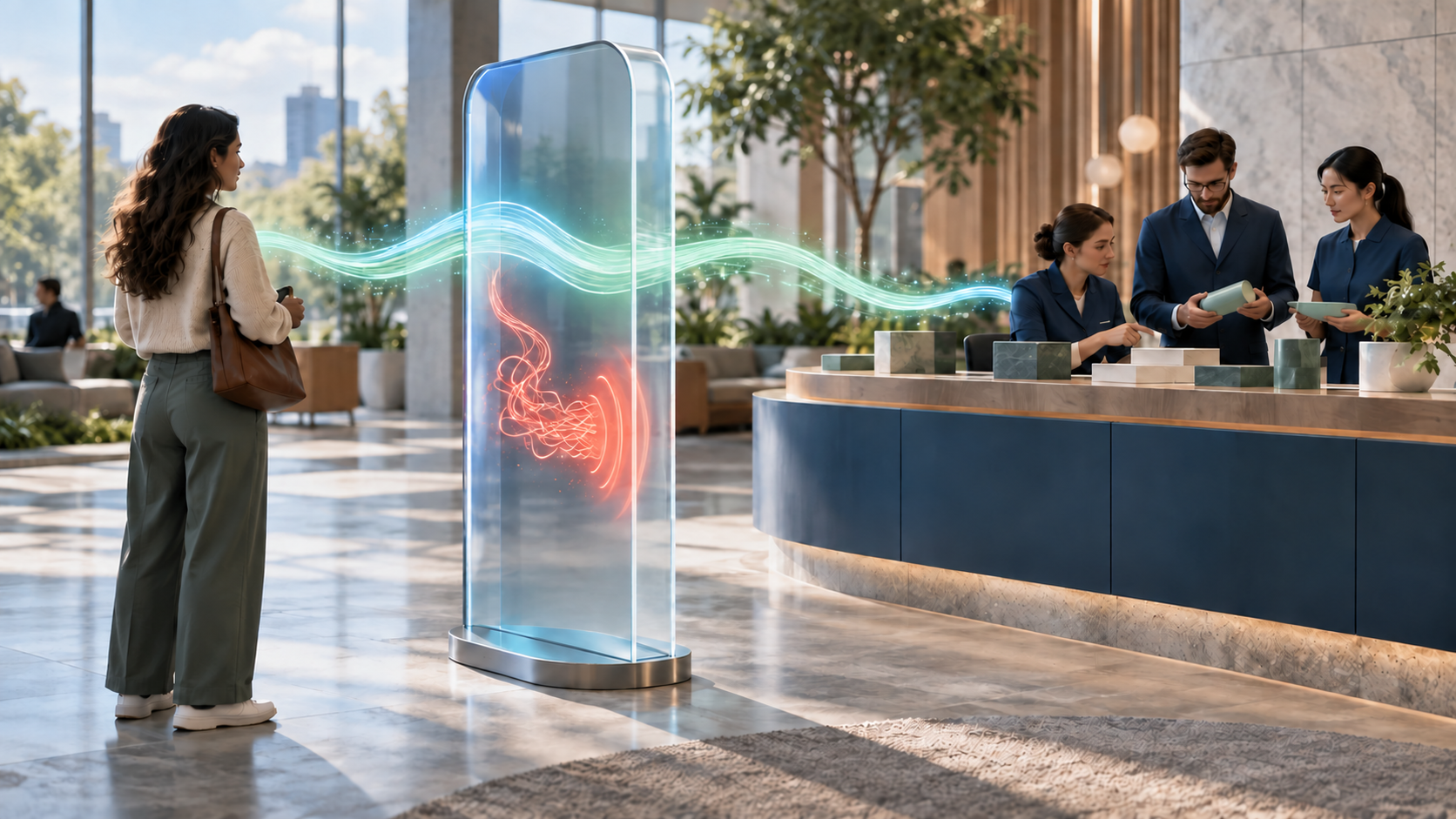 A customer faces a translucent digital kiosk as light paths connect it to a service team, with one clear path and one warning-marked path.