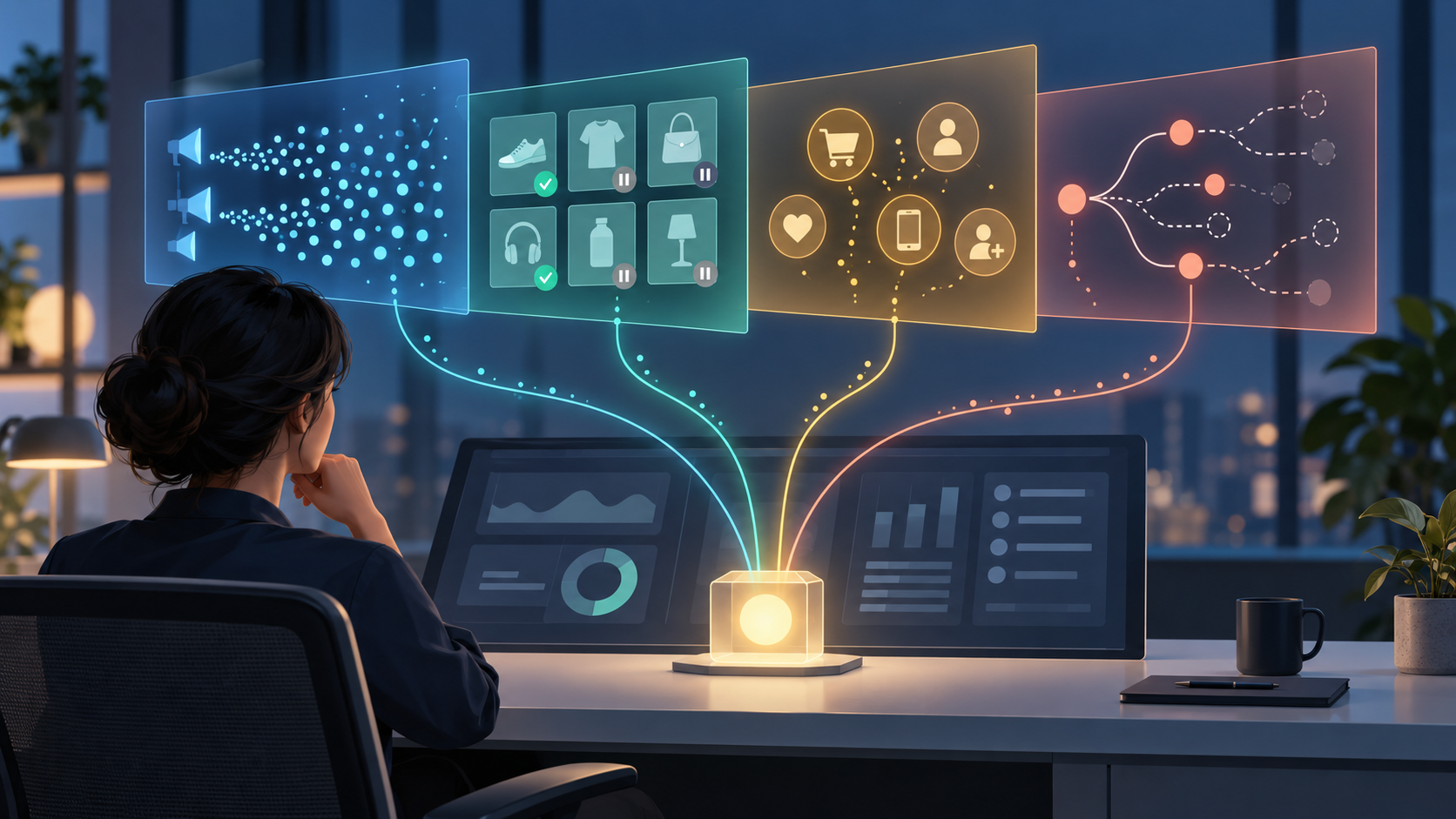 An analyst reviews four separate translucent data layers for ad delivery, product eligibility, customer outcomes, and attribution at a modern workstation.